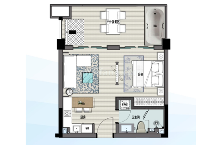 沙音洋房A户型 1室2厅1厨1卫 建面49㎡