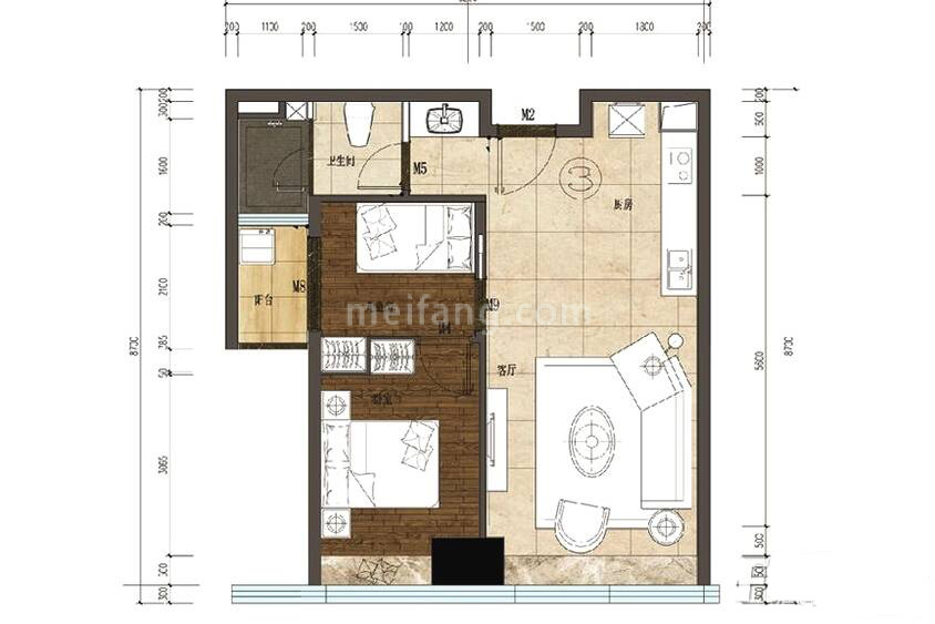 2室1厅1卫 89m&sup2;