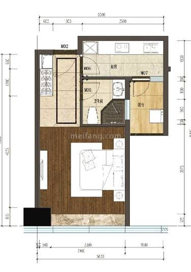 1室1厅1卫 57m&sup2;