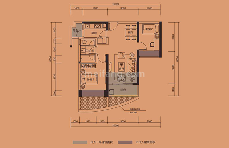 K户型 2房2厅1卫1厨+双阳台 建面77-82㎡