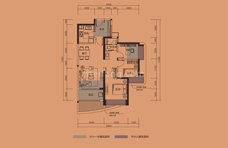 H户型 3房2厅1卫1厨+入户花园+阳台 建面83-88㎡