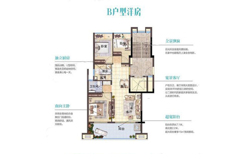 中粮红塘悦海洋房B户型-3室2厅1卫1厨-建面90㎡