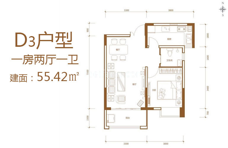 绿海花园D3户型 1室2厅1卫 建面55㎡