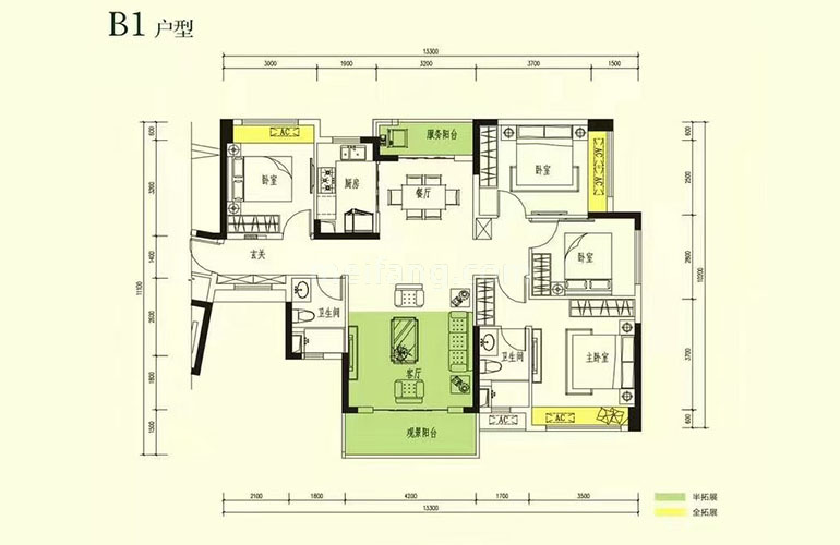 B1户型 4房2厅2卫1厨 建面128㎡