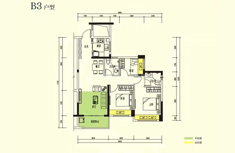 B3户型 3房2厅2卫1厨 建面88㎡