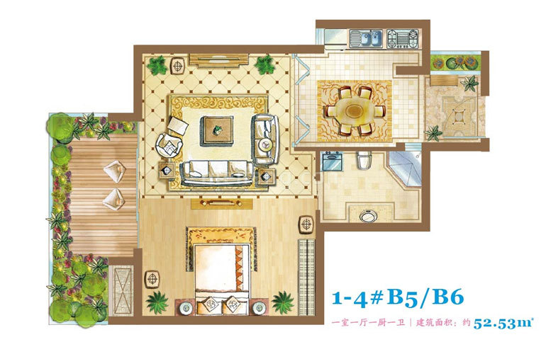 1-4#B5/B6户型 1室1厅1卫 建面52㎡