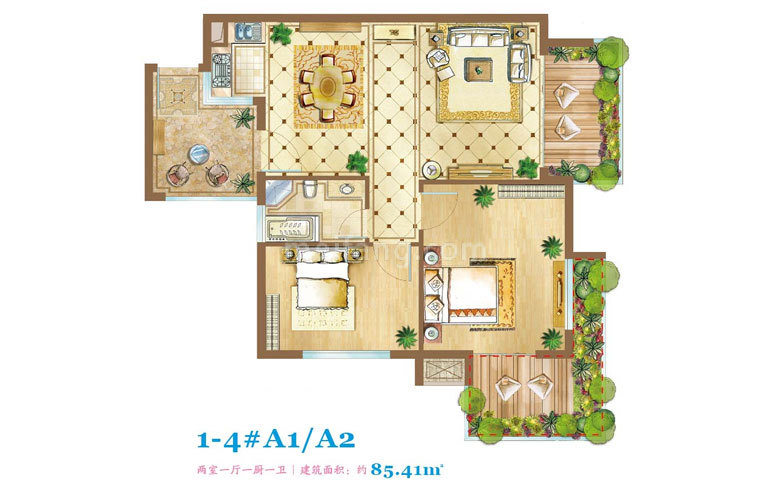 1-4#A1/A2户型 2室1厅1卫 建面85㎡