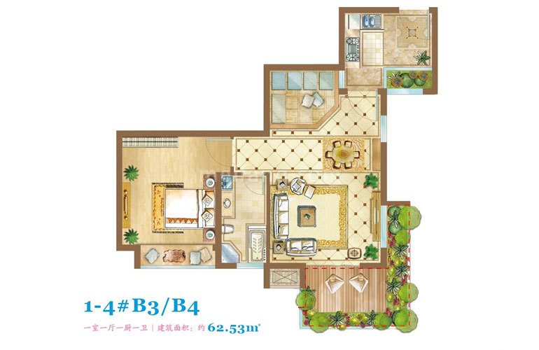 1-4#B3/B4户型 1室1厅1卫 建面62㎡