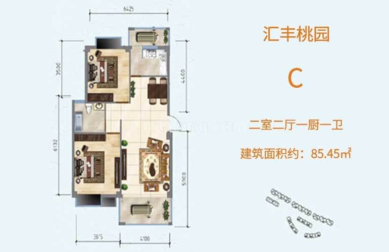 C户型 2室2厅1卫 建面85㎡