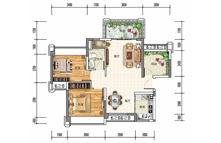 3房2厅1卫1厨+阳台 建面84㎡ 