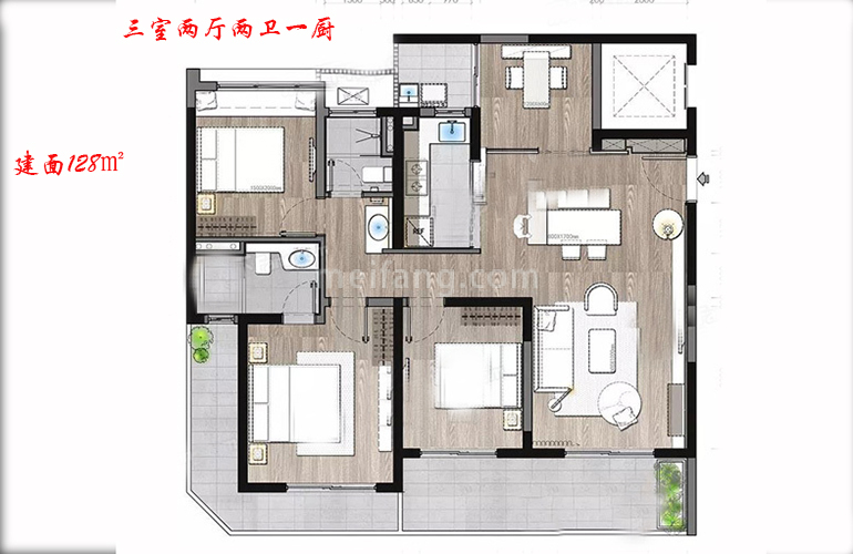 三室两厅两卫一厨 建面128㎡