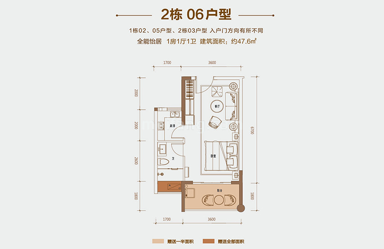 2栋06户型 1房1厅1卫1厨 建面47㎡