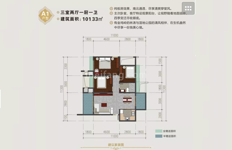 A1户型3室2厅1卫 建面101.33㎡