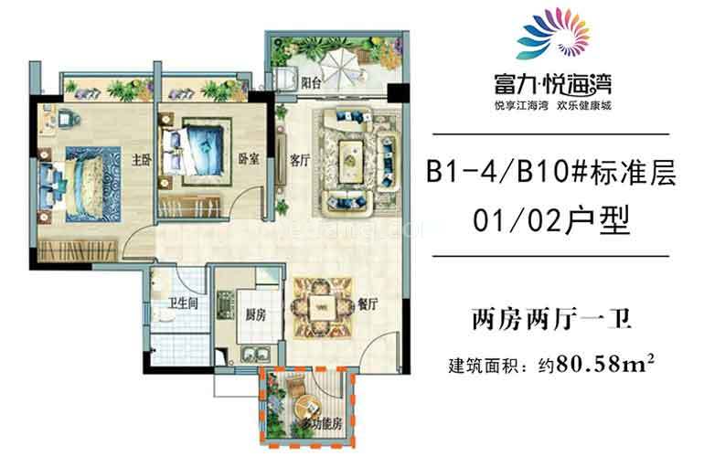 富力悦海湾高层 B1-4/B10# 01/02户型 2室2厅1卫 建面80㎡
