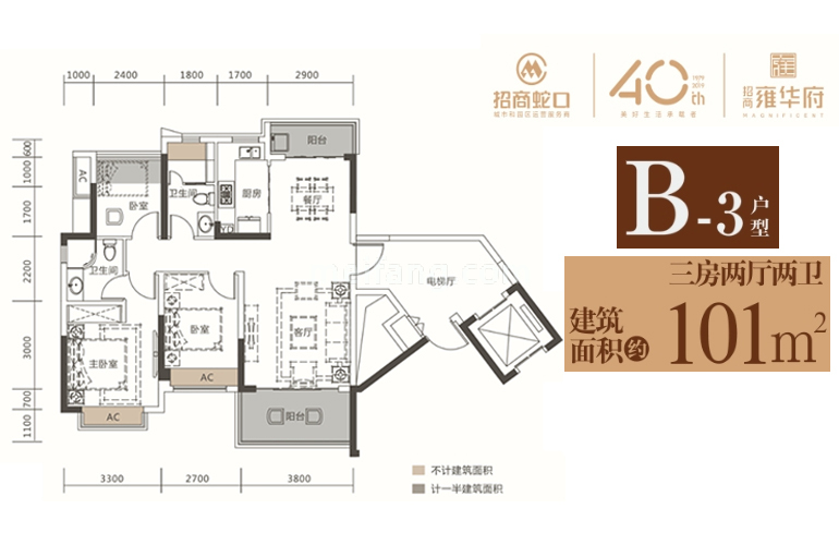 B-3户型 3房2厅2卫 建面101㎡