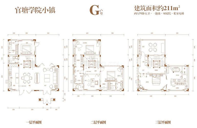 官塘学院小镇叠墅 G户型 4房2厅5卫 建面211㎡