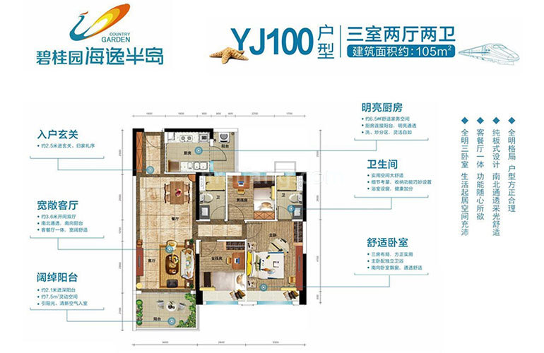 碧桂园海逸半岛高层 YJ100户型 3室2厅2卫 建面105㎡