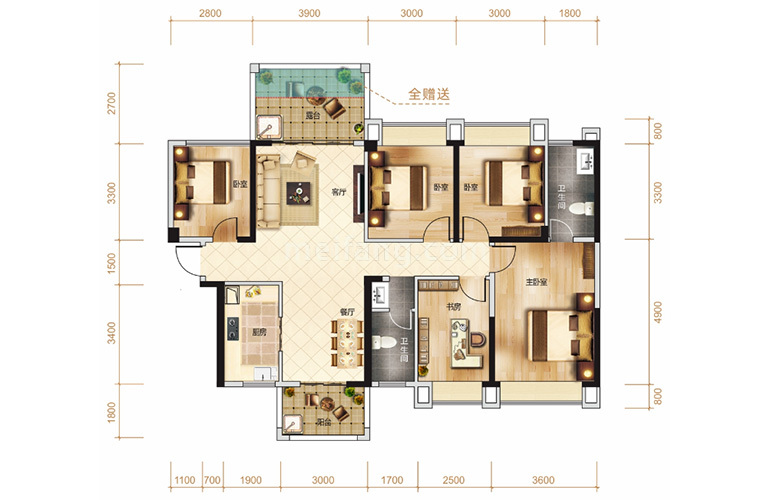 北部湾国际海湾城南B1偶数层户型 5室2厅2卫1厨 建面142㎡