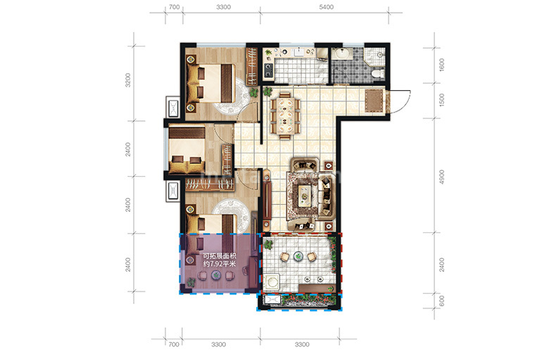 A户型 3室2厅1卫1厨 建面88.5㎡