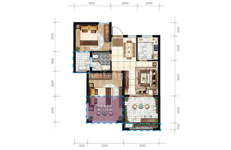 C2户型 2室2厅1卫1厨 建面65.3㎡