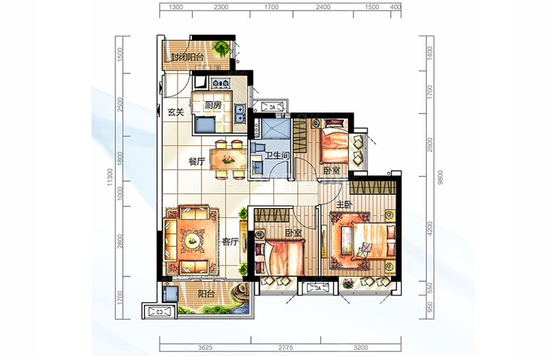 04户型 三室两厅一卫一厨 建面90㎡