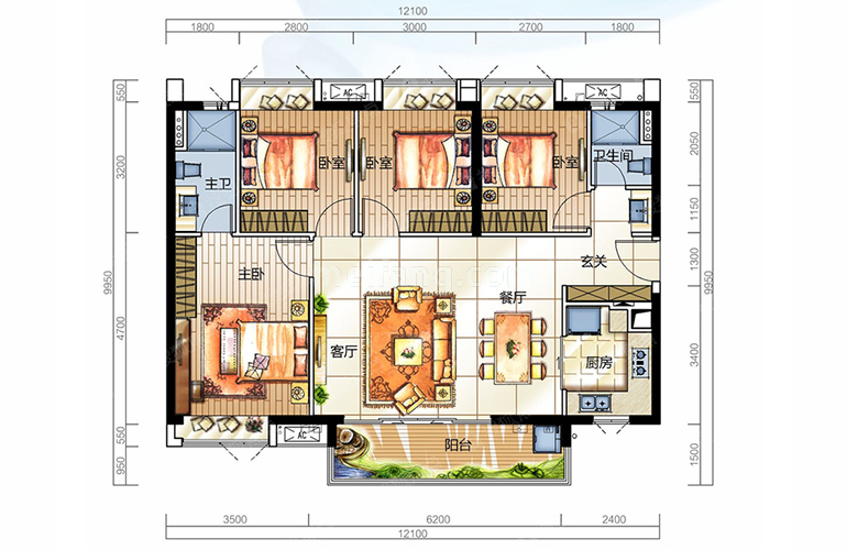 3栋01户型 四室两厅两卫一厨 建面121㎡