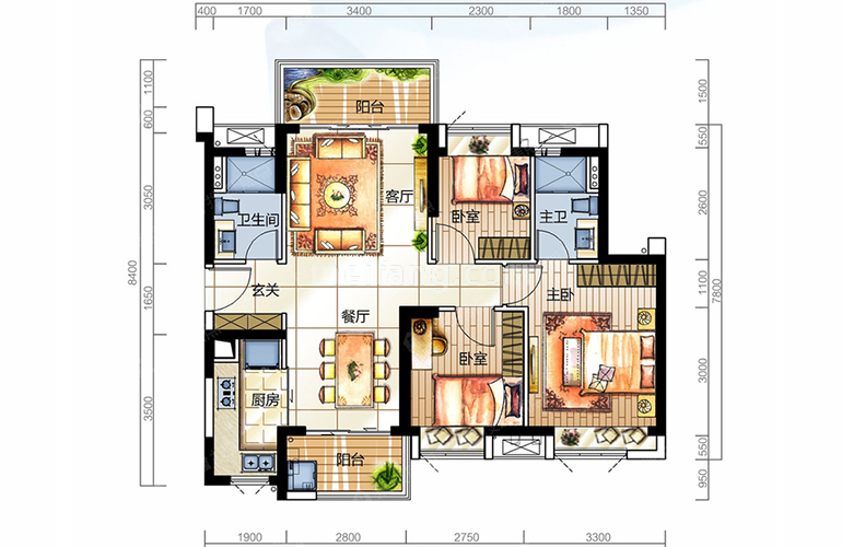 1栋02户型 三室两厅两卫一厨 建面96㎡