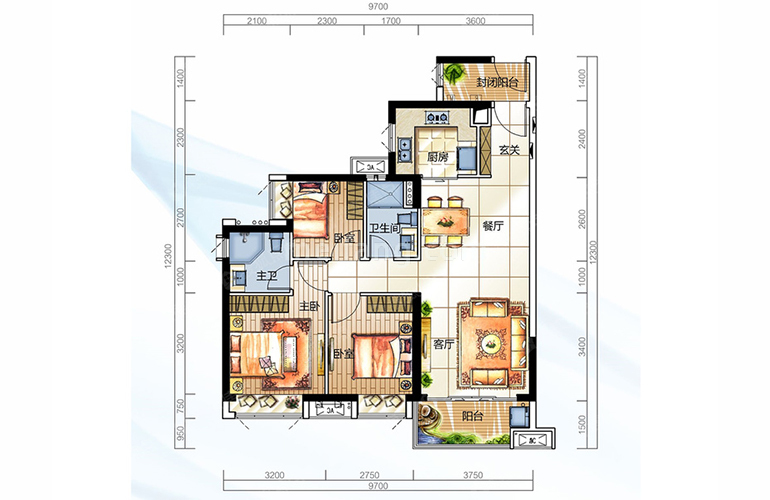 02户型 三室两厅两卫一厨 建面100㎡
