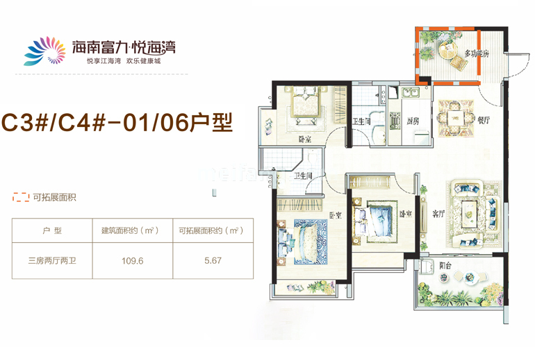 高层 C3/C4#-01/06户型 3房2厅2卫 建面：109㎡
