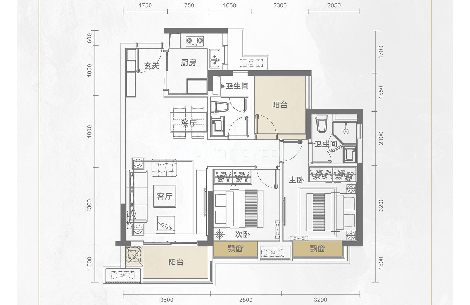 高层 A户型 2室2厅2卫1厨 建筑面积89㎡