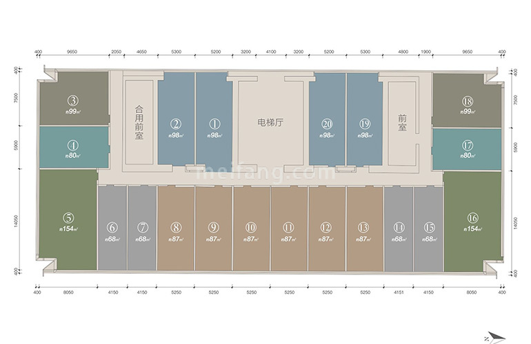 标准层平面图 办公户型 建筑面积68-164㎡