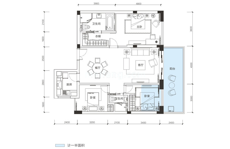 3单元02户型 3室2厅2卫1厨 建筑面积138.13㎡