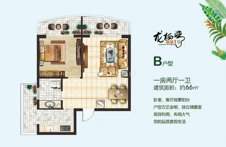 B户型 1房2厅1卫 建筑面积66㎡