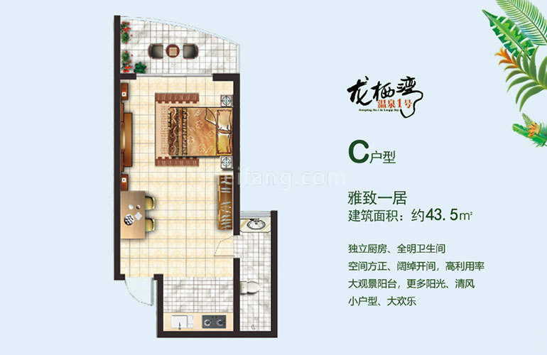 C户型 1房2厅1卫 建筑面积43㎡
