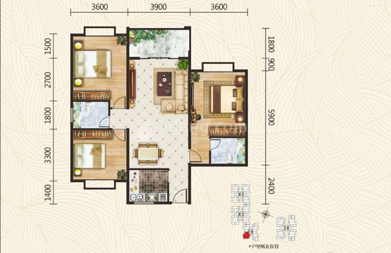 棕榈泉广场109㎡户型 三室两厅两卫一厨 建筑面积109㎡