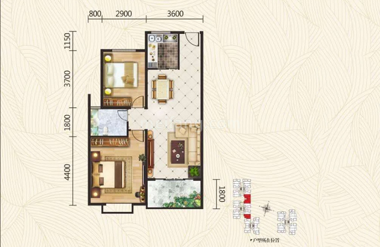 棕榈泉广场84㎡户型 两室两厅一卫一厨 建筑面积84㎡