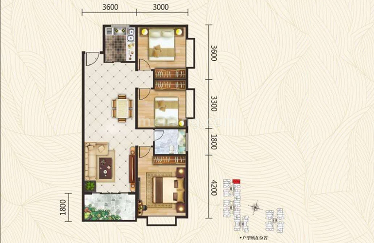 棕榈泉广场101㎡户型 三室两厅一卫一厨 建筑面积101㎡