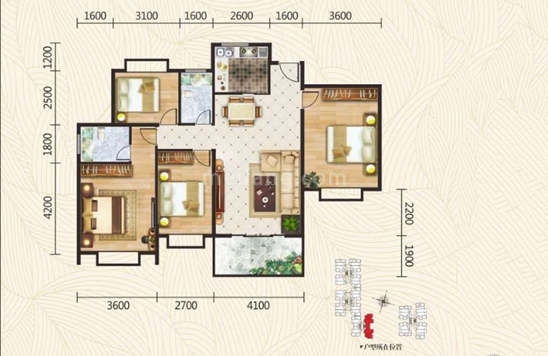 棕榈泉广场120㎡户型 四室两厅两卫一厨 建筑面积120㎡