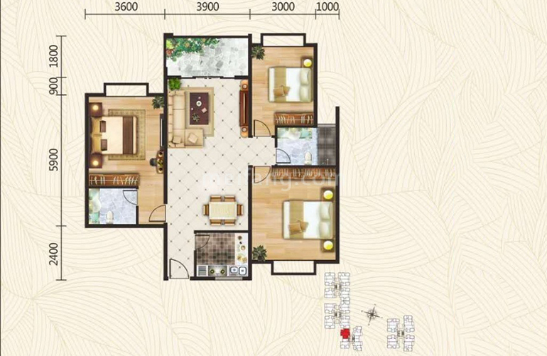 棕榈泉广场112户型 三室两厅两卫一厨 建筑面积112㎡