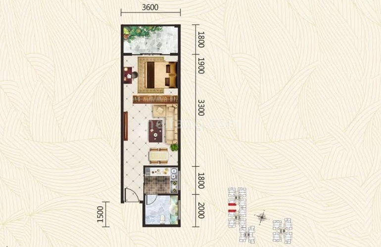 棕榈泉广场52㎡户型 一室一厅一卫一厨 建筑面积52㎡