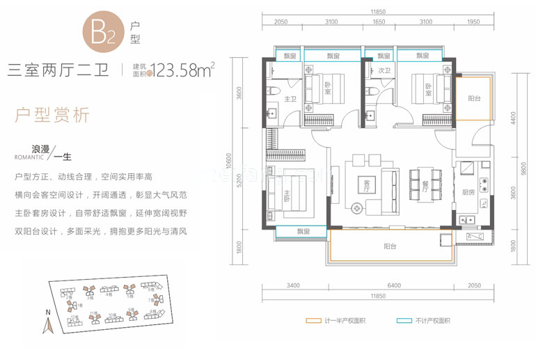 B2户型  三室两厅两卫 建筑面积123.58㎡