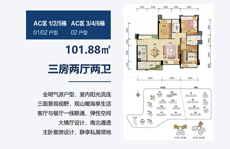 高层 101户型 三房两厅两卫一厨 建筑面积101㎡