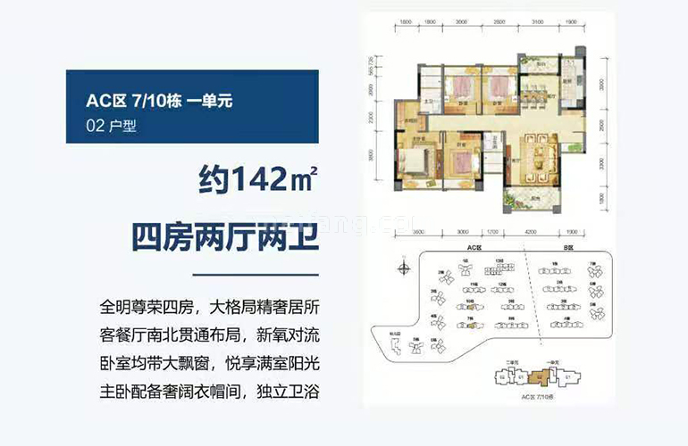 02户型 四房两厅两卫一厨 建筑面积142㎡