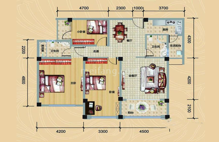 B1户型 三房二厅两卫 建筑面积134.14㎡