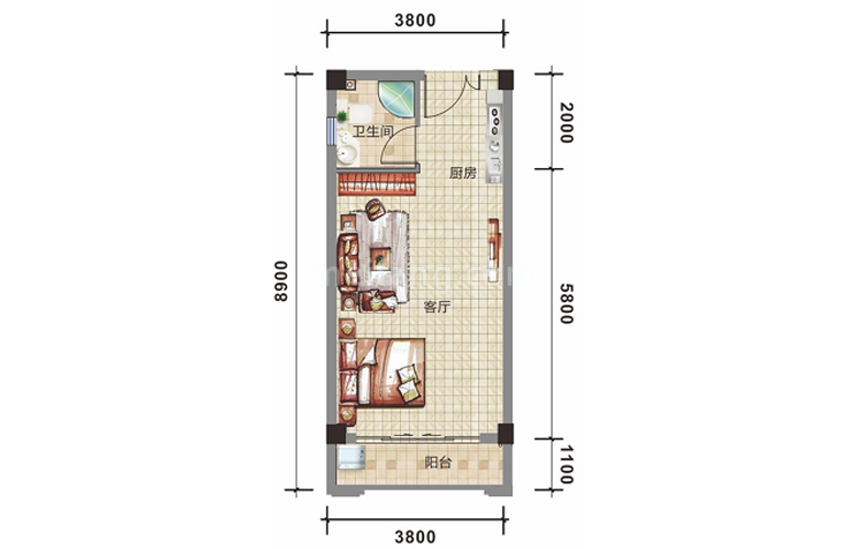 D1户型 一房一厅一卫 建筑面积41.6㎡