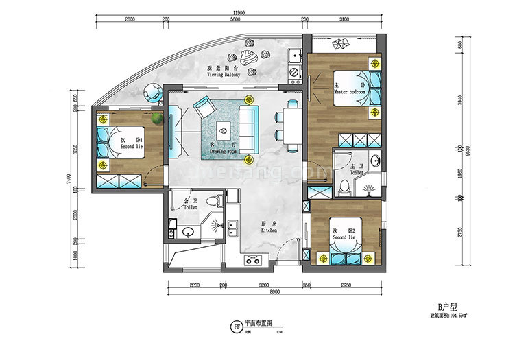 高层 B户型 3室2厅2卫 建筑面积105㎡