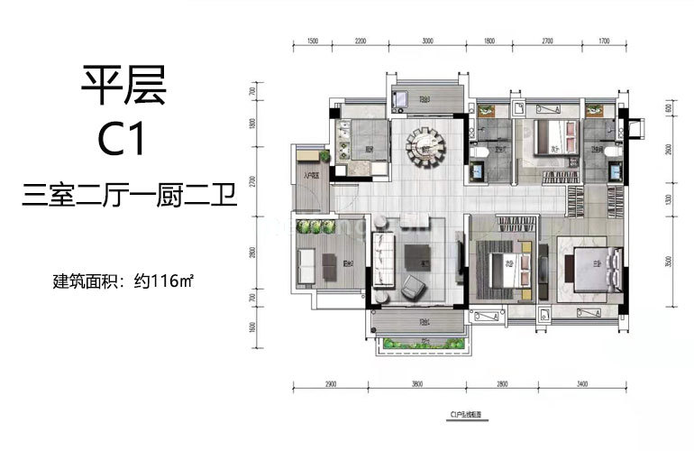 高层 平层C1户型 3室2厅1卫 建面116㎡