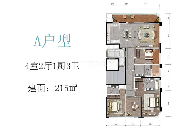 A户型 4室2厅3卫 建面215㎡