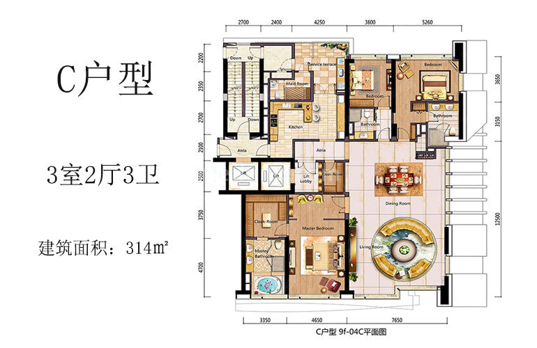 C户型 3室2厅3卫 建筑面积314.0㎡