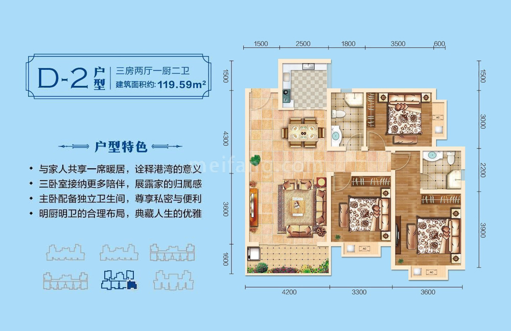D2户型 3房2厅2卫 建筑面积119.59㎡